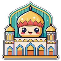 a cartoon sticker of a mosque with a smiling face vector