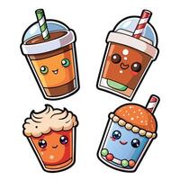 cute kawaii drink stickers set on a white background on a white background vector