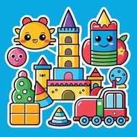 a set of stickers with toys and a castle vector