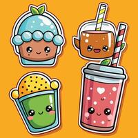 cute kawaii drink stickers set with different drinks on a white background vector