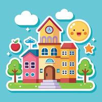 school building with apple, sun and clouds vector