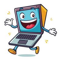a cartoon laptop running and smiling on a white background vector