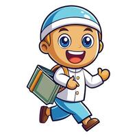 muslim boy with backpack and book running illustration vector