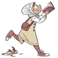 a cartoon girl reading a book while running vector