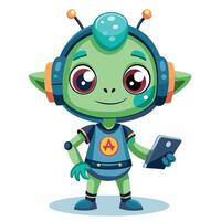 cartoon alien with headphones and phone vector