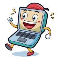 cartoon laptop running and smiling on a white background vector