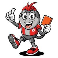 a cartoon mascot of a robot holding a red card vector