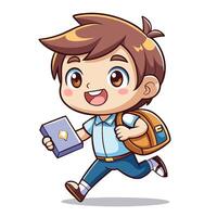 a cartoon boy with a book and backpack running vector