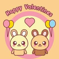 two cute rabbits with balloons and hearts on a pink background vector
