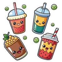 cute kawaii smoothie set with fruit and on a white background vector