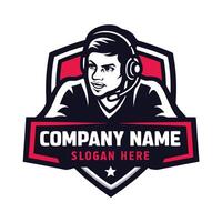a man in a headset with a logo on the front on a white background vector