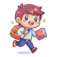 cartoon boy with backpack and book running on a white background vector