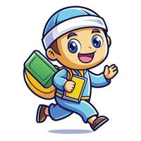 a cartoon boy running with a backpack and a book vector