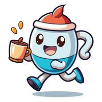 a cartoon egg character running with a cup of coffee vector