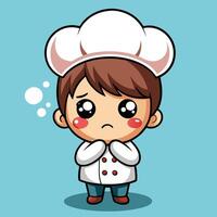 cartoon chef boy with sad face on a blue background vector