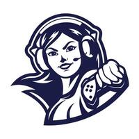 mascot illustration of a female gamer playing game with controller set inside circle on isolated background vector