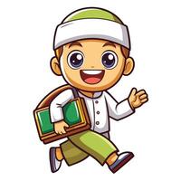 cartoon muslim boy running with a book and a bag on a white background vector