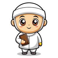 a cartoon muslim boy holding a book on a white background vector
