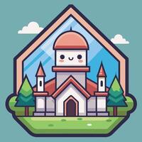 a cartoon church with a smiley face on it vector