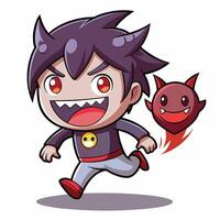 cartoon boy running with devil head vector