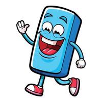 a cartoon blue battery running with its arms up on a white background vector