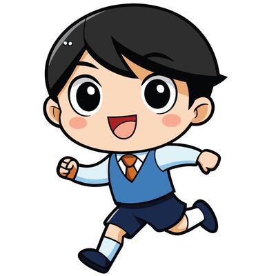 a cartoon boy running with his hands up on a white background