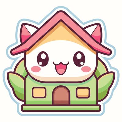 a cute cartoon house with a cat inside