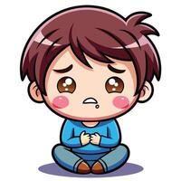 a cartoon boy sitting on the floor with his hands on his knees vector