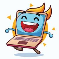 a cartoon laptop character running and smiling vector