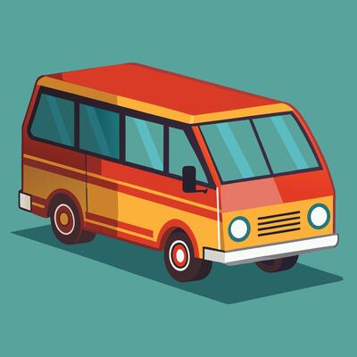 a cartoon bus is shown on a blue background