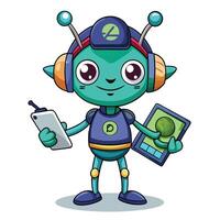 a cartoon robot holding a tablet and a phone vector