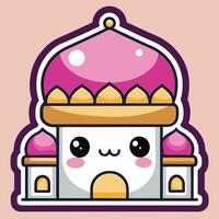 a cartoon pink and gold building with a cute face vector