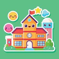 a cartoon school building with a smiley face and other objects vector