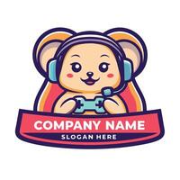 a cute mouse with headphones and a controller logo vector
