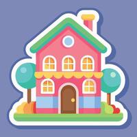 a cartoon house with a tree and bushes on a purple background vector