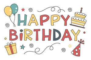 happy birthday card with balloons and cake ren and green vector