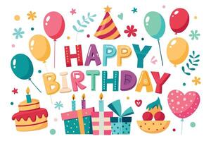 happy birthday card with balloons, cake and other items on a white background vector