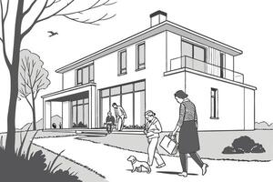 a black and white drawing of a family walking in front of a house vector