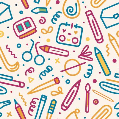 seamless pattern with school supplies, pens, pencils, and other items