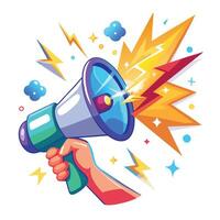 a hand holding a megaphone with lightning coming out of it vector