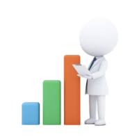 A stylized figure in a lab coat analyzes ascending bar graphs while holding a clipboard. png