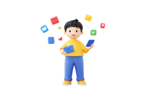 A cheerful child character holds two envelopes while colorful messages float around, embodying a playful, communicative theme. png