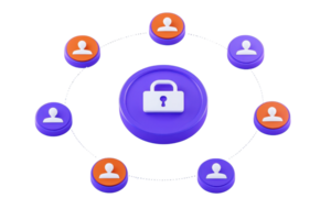 A central lock icon surrounded by user silhouettes, representing security and privacy in a digital context. png
