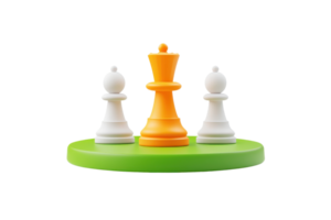 A vibrant orange king chess piece is flanked by two white pawn pieces on a green circular base. png