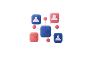A network of user icons connected by lines, featuring blue and red squares representing connections and interactions. png