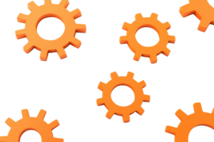 Colorful orange gears arranged randomly, showcasing various sizes and shapes, symbolizing mechanics and engineering. png