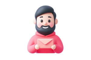 A cheerful man with a beard holds a pink envelope, wearing a red hoodie. png