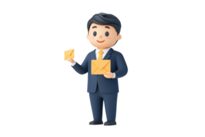 A cheerful cartoon character in a suit holding two envelopes, representing communication and business-related themes. png