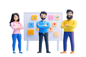 Three cartoon-style characters stand confidently in front of a board filled with colorful sticky notes and checkmarks, representing teamwork and creativity. png