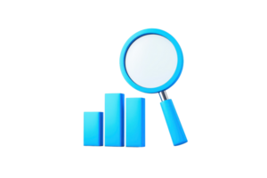 A magnifying glass focusing on bar charts, symbolizing data analysis and insights. png